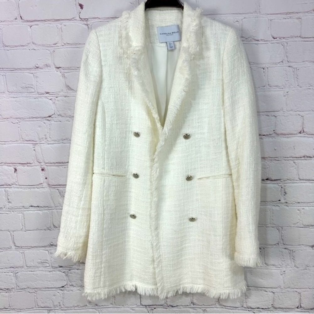 Carolina Belle women’s blazer white size large gold buttons pocket fringe lined